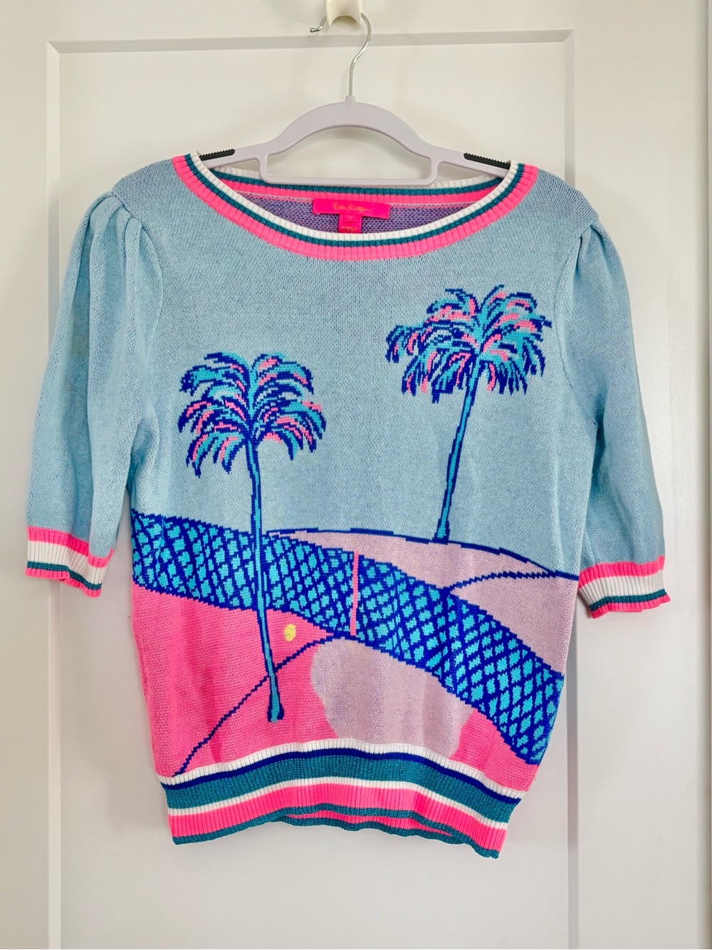 Lilly Pulitzer knit top pastel blouse  tennis jersey Palm trees pickleball